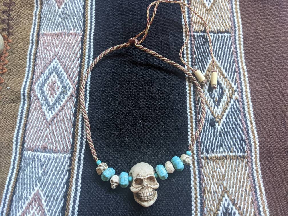 SKULL PENDANT NECKLACE woven macrame cord semi precious stone beads sacred death spiritual protection