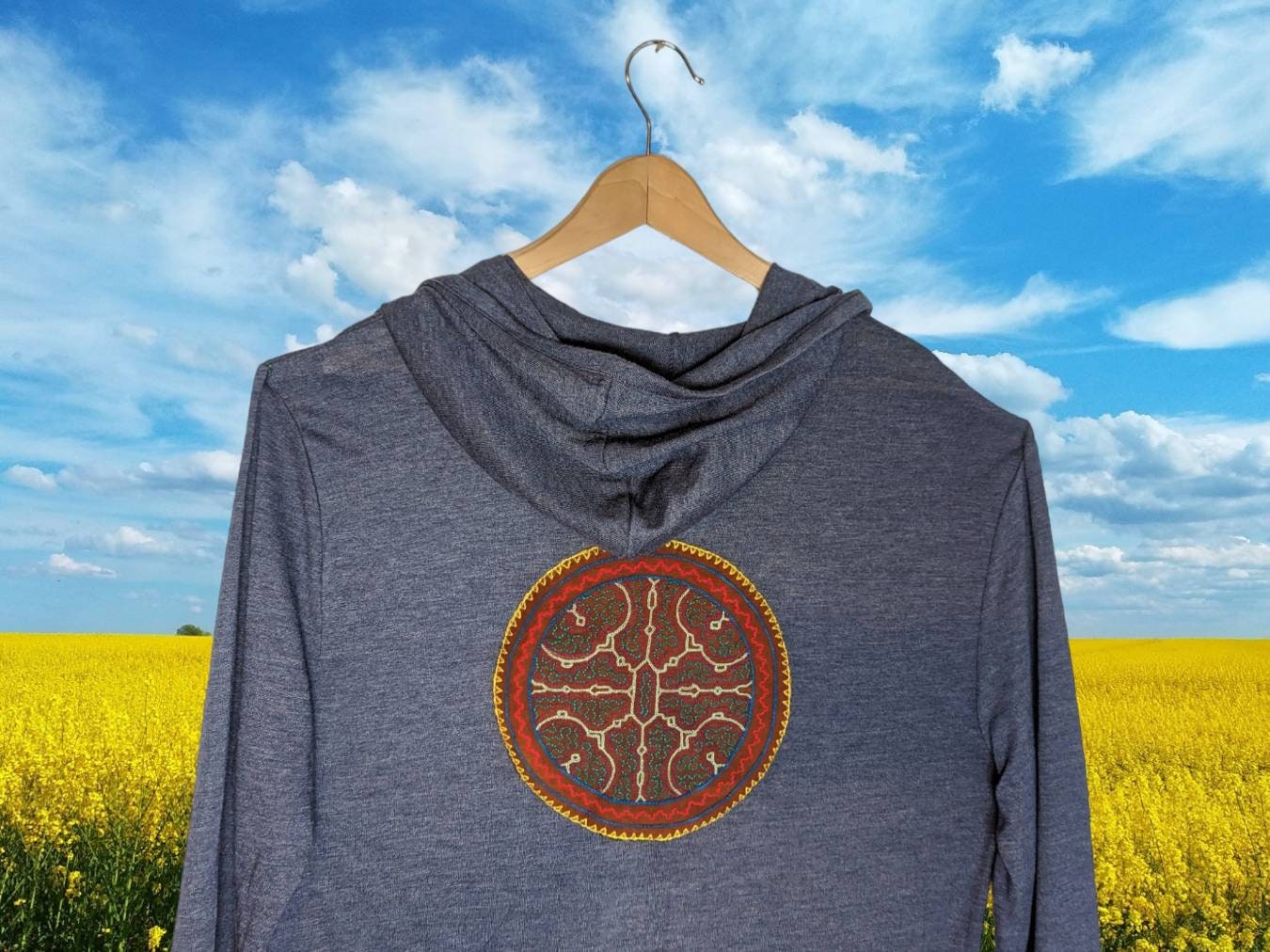 SHIPIBO ICARO Embroidered patch HOODIE Sweatshirt Kene Native art Sacred geometry tribal pattern men size Large Extralarge blue graphite