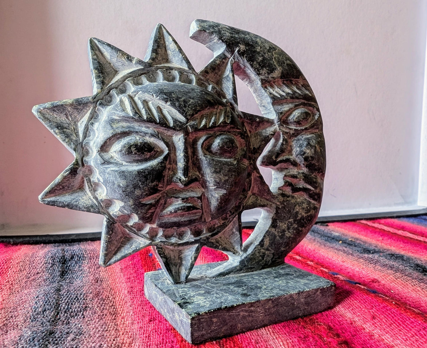 ANDEAN SUN MOON Statue figurine altar shrine spiritual stand up object Serpentinite stone rock from Machu Picchu