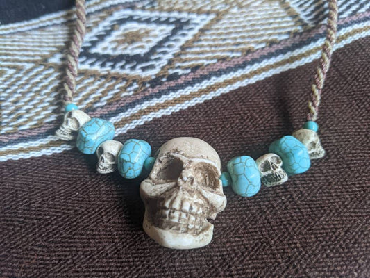 SKULL PENDANT NECKLACE woven macrame cord semi precious stone beads sacred death spiritual protection